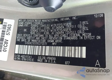 2009 Toyota Sienna Le z USA, uszkodzony, nr VIN 5TDZK23CX9S273511